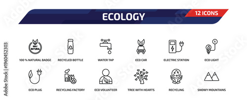 ecology outline icon set. 12 linear vector for ui, web and mobile. thin line 100 % natural badge, recycled bottle, water tap and more icons.