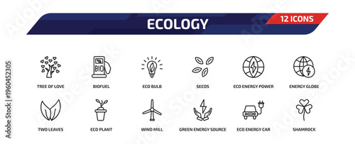 ecology outline icon set. 12 linear vector for ui, web and mobile. thin line tree of love, biofuel, eco bulb and more icons.