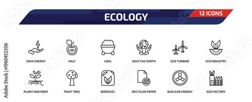 ecology outline icon set. 12 linear vector for ui, web and mobile. thin line save energy, half, coal and more icons.