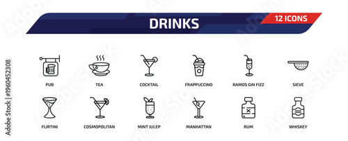 drinks outline icon set. 12 linear vector for ui, web and mobile. thin line pub, tea, cocktail and more icons.