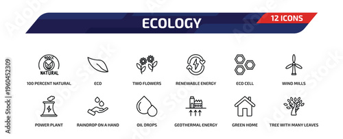 ecology outline icon set. 12 linear vector for ui, web and mobile. thin line 100 percent natural, eco, two flowers and more icons.