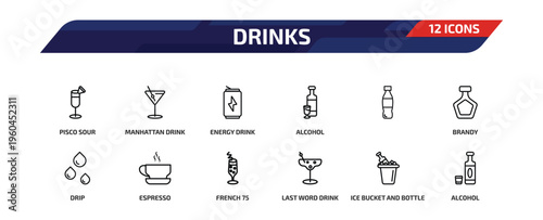 drinks outline icon set. 12 linear vector for ui, web and mobile. thin line pisco sour, manhattan drink, energy drink and more icons.