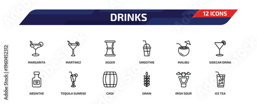 drinks outline icon set. 12 linear vector for ui, web and mobile. thin line margarita, martinez, jigger and more icons.