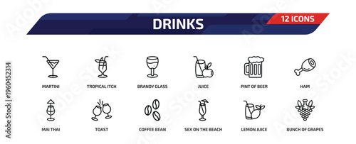 drinks outline icon set. 12 linear vector for ui, web and mobile. thin line martini, tropical itch, brandy glass and more icons.