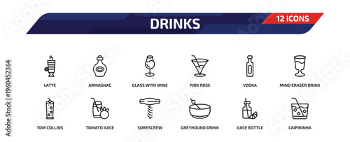 drinks outline icon set. 12 linear vector for ui, web and mobile. thin line latte, armagnac, glass with wine and more icons.