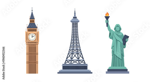 Tableau sur toile Iconic landmarks: big ben eiffel tower and statue of liberty in flat