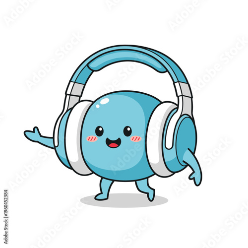 Cartoon character wearing headphones smiling.