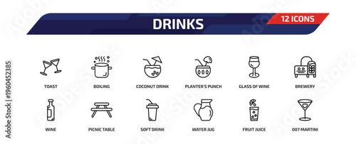 drinks outline icon set. 12 linear vector for ui, web and mobile. thin line toast, boiling, coconut drink and more icons.