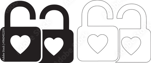 Heart lock icons, love padlock symbols, black and white heart locks, vector heart security icons