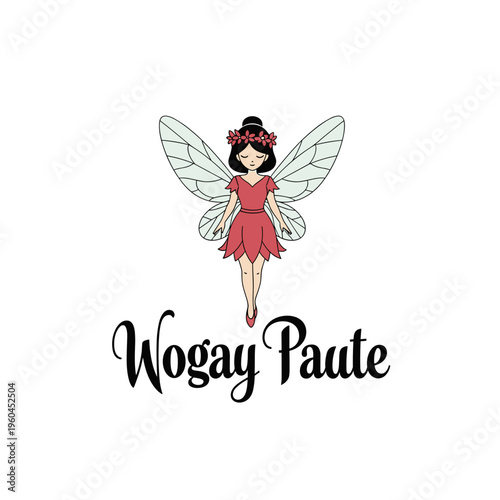 Cartoon fairy in pink dress flying.