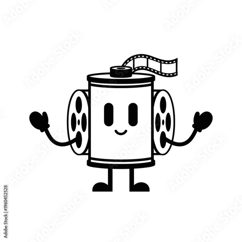 Cartoon film canister character smiling.