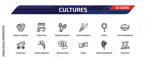 cultures outline icon set. 12 linear vector for ui, web and mobile. thin line brazil carnival mask, food stall, maracas couple and more icons.