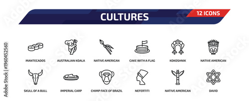 cultures outline icon set. 12 linear vector for ui, web and mobile. thin line mantecados, australian koala, native american spear and more icons.