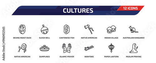 cultures outline icon set. 12 linear vector for ui, web and mobile. thin line beijing roast duck, sleigh bell, cantonese fish and more icons.