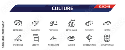 culture outline icon set. 12 linear vector for ui, web and mobile. thin line goat cheese, marine fish, portuguese and more icons.