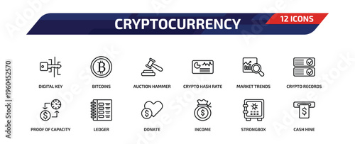 cryptocurrency outline icon set. 12 linear vector for ui, web and mobile. thin line digital key, bitcoins, auction hammer and more icons.
