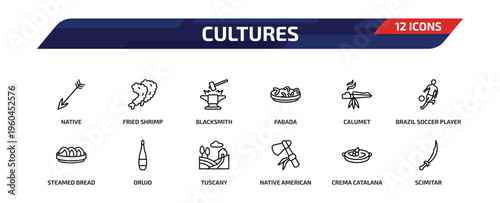 cultures outline icon set. 12 linear vector for ui, web and mobile. thin line native, fried shrimp, blacksmith and more icons.