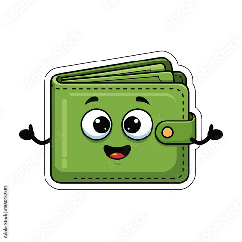 Cartoon green wallet with face.