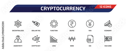 cryptocurrency outline icon set. 12 linear vector for ui, web and mobile. thin line decentralized, dollar tag, function and more icons.