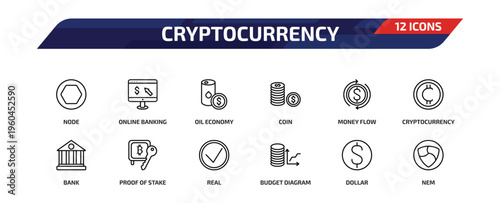 cryptocurrency outline icon set. 12 linear vector for ui, web and mobile. thin line node, online banking, oil economy and more icons.