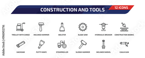 construction and tools outline icon set. 12 linear vector for ui, web and mobile. thin line trolley with cargo, inclined hammer, bolster and more icons.