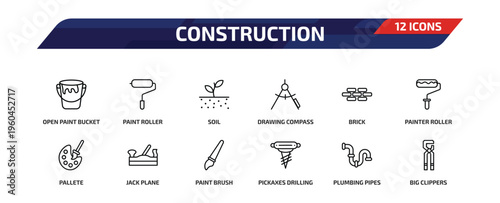 construction outline icon set. 12 linear vector for ui, web and mobile. thin line open paint bucket, paint roller, soil and more icons.