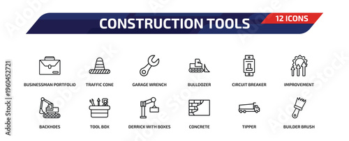 construction tools outline icon set. 12 linear vector for ui, web and mobile. thin line businessman portfolio, traffic cone, garage wrench and more icons.