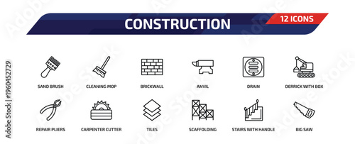 construction outline icon set. 12 linear vector for ui, web and mobile. thin line sand brush, cleaning mop, brickwall and more icons.