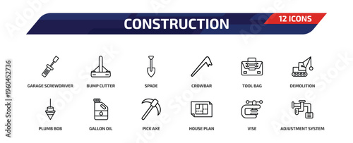 construction outline icon set. 12 linear vector for ui, web and mobile. thin line garage screwdriver, bump cutter, spade and more icons.