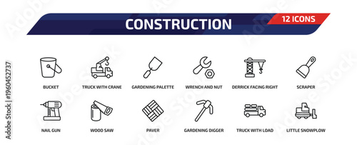 construction outline icon set. 12 linear vector for ui, web and mobile. thin line bucket, truck with crane, gardening palette and more icons.