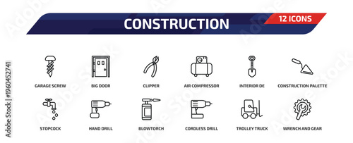 construction outline icon set. 12 linear vector for ui, web and mobile. thin line garage screw, big door, clipper and more icons.