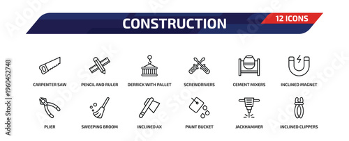 construction outline icon set. 12 linear vector for ui, web and mobile. thin line carpenter saw, pencil and ruler, derrick with pallet and more icons.