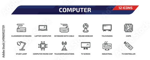 computer outline icon set. 12 linear vector for ui, web and mobile. thin line classroom keyboard, laptop computer screen, keyboard with cable and more icons.