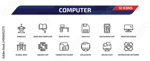 computer outline icon set. 12 linear vector for ui, web and mobile. thin line robotics, book and computer mouse, boss office and more icons.