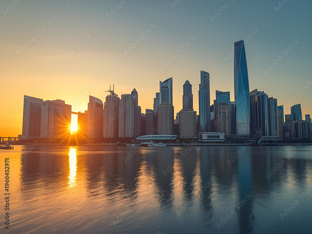 Obraz premium Modern city skyline with skyscrapers by the water during golden hour, urban architecture and business district concept
