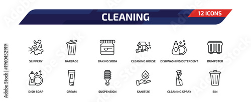 cleaning outline icon set. 12 linear vector for ui, web and mobile. thin line slippery, garbage, baking soda and more icons.