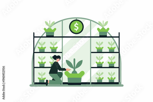 A woman tends to growing plants inside a modern greenhouse structure