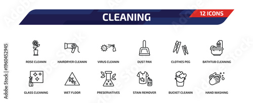 cleaning outline icon set. 12 linear vector for ui, web and mobile. thin line rose cleanin, hairdryer cleanin, virus cleanin and more icons.