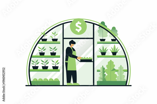 A person tending to plants inside a greenhouse with a dollar sign symbol
