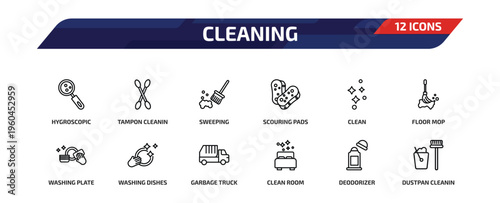 cleaning outline icon set. 12 linear vector for ui, web and mobile. thin line hygroscopic, tampon cleanin, sweeping and more icons.