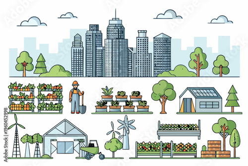 A colorful illustration depicting a cityscape alongside urban farming elements