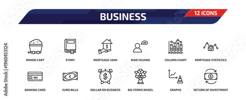 business outline icon set. 12 linear vector for ui, web and mobile. thin line mining cart, story, mortgage loan and more icons.