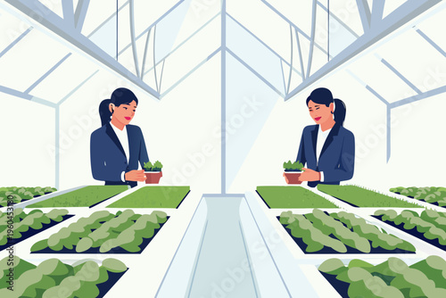 Woman tending to seedlings in a modern mirrored greenhouse setting