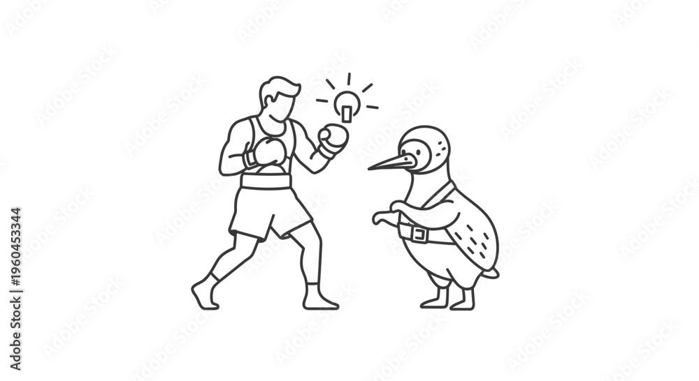 Fototapeta premium Minimalist line art illustration depicting a boxer with a brilliant idea confronting a peculiar bird