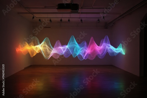 Abstract light art installation displaying colorful sound waves