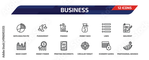 business outline icon set. 12 linear vector for ui, web and mobile. thin line data analysis pie chart, punishment, finance and more icons.