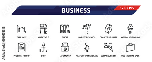 business outline icon set. 12 linear vector for ui, web and mobile. thin line data wave, work table, binder and more icons.