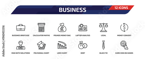 business outline icon set. 12 linear vector for ui, web and mobile. thin line bussines briefcase, calculator maths tool, pounds money bag and more icons.