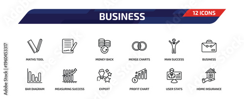 business outline icon set. 12 linear vector for ui, web and mobile. thin line maths tool, , money back and more icons.