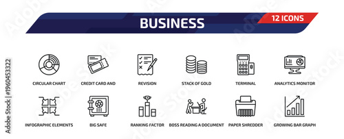 business outline icon set. 12 linear vector for ui, web and mobile. thin line circular chart, credit card and ticket, revision and more icons.
